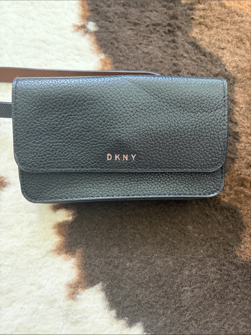 DKNY Black Pebbled Leather Belt Wallet with Silver Logo